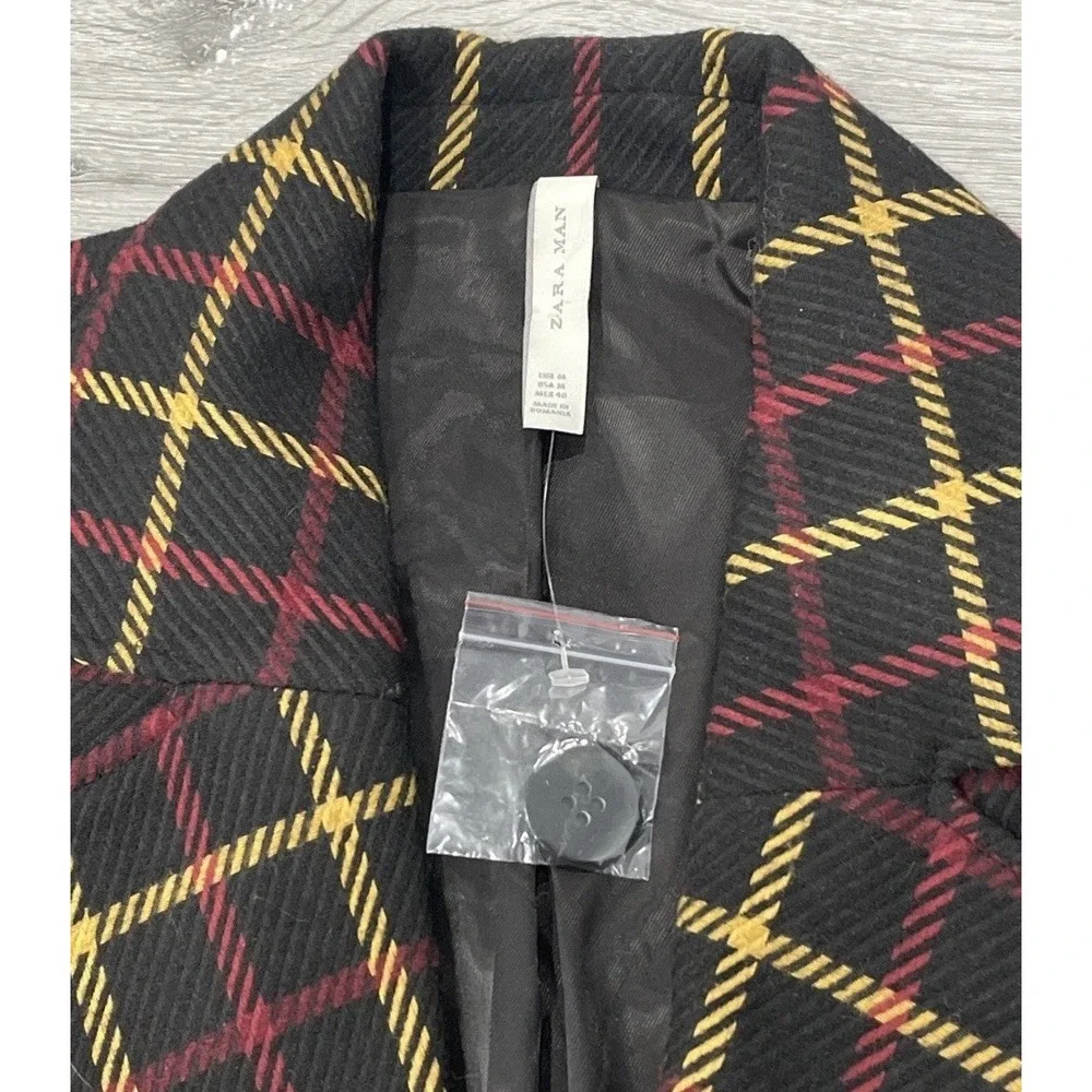 Zara Man Black Red‎ Yellow Wool Plaid Oversized Long Coat Office Modern Size M